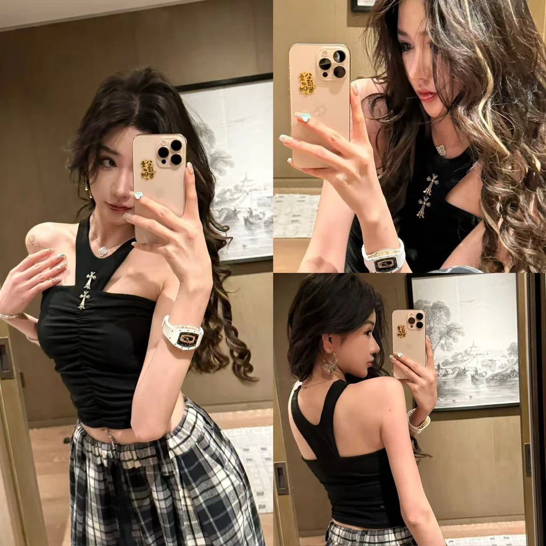 黑色十字架挂脖小吊带抹胸背心辣妹性感露背外穿无袖短款上衣