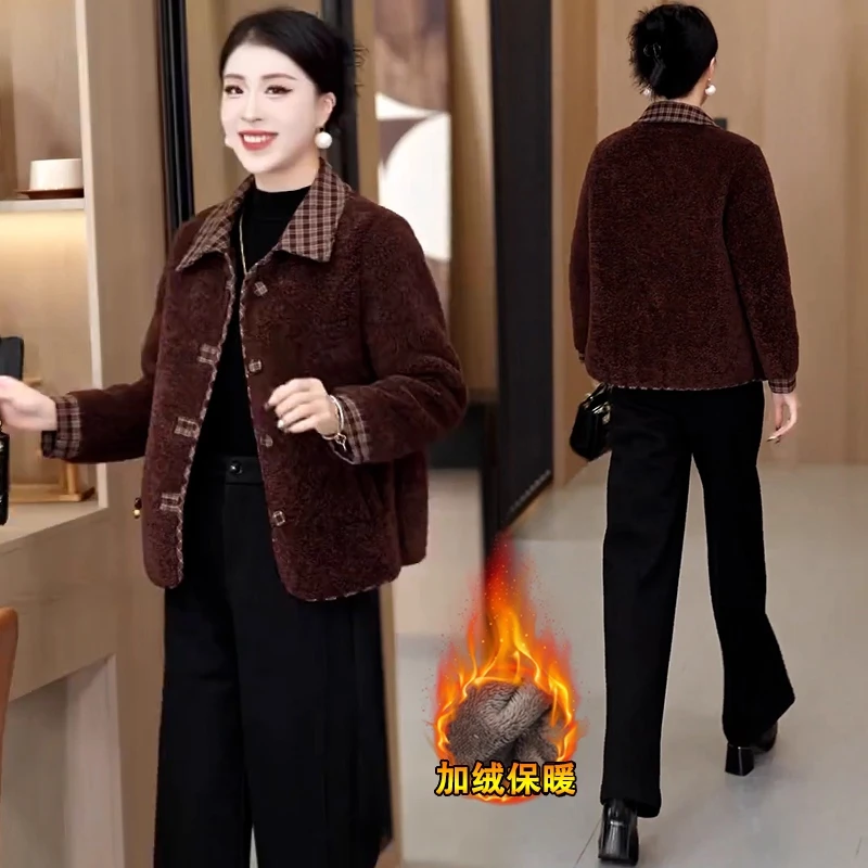 加绒加厚毛呢短外套女冬季新款洋气显瘦保暖翻领拼接格子呢子大衣