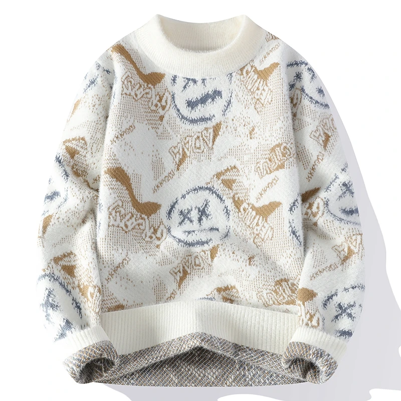 【高品质】2025秋冬季半高领针织衫潮流男士印花保暖毛衣9077A