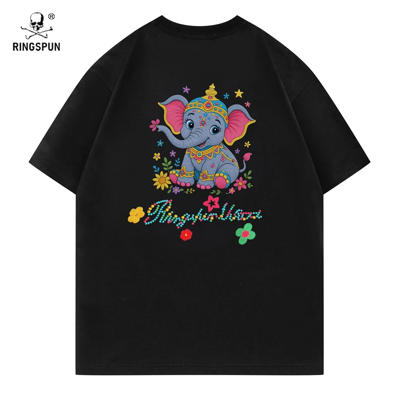 RINGSPUN【皇家花象】重磅刺绣潮牌T恤 圆领休闲短袖T恤男女同款