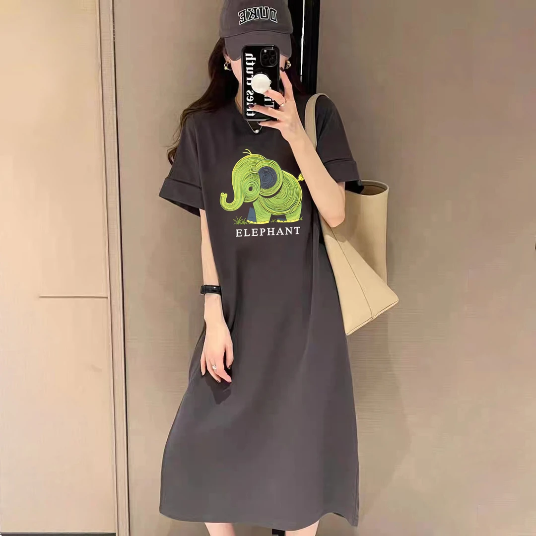 长款短袖连衣裙遮肉显瘦夏季新款宽松开叉长t裙懒人裙T恤裙女时尚