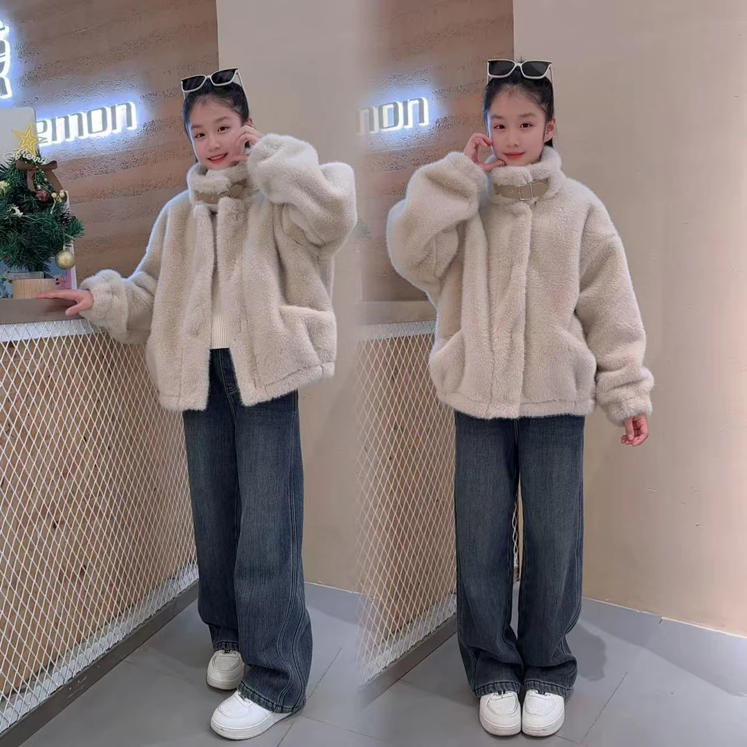女童冬季加厚毛毛衣外套女孩年货款外套加绒弹力牛仔裤套装