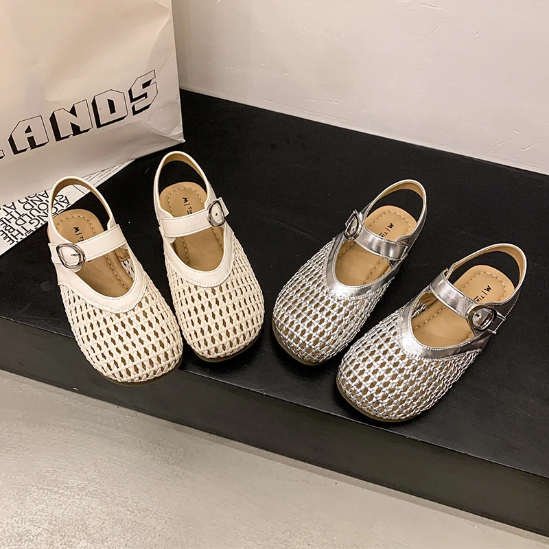 女夏季镂空时尚防滑软底浅口透气百搭复古编织凉鞋平底休闲单鞋