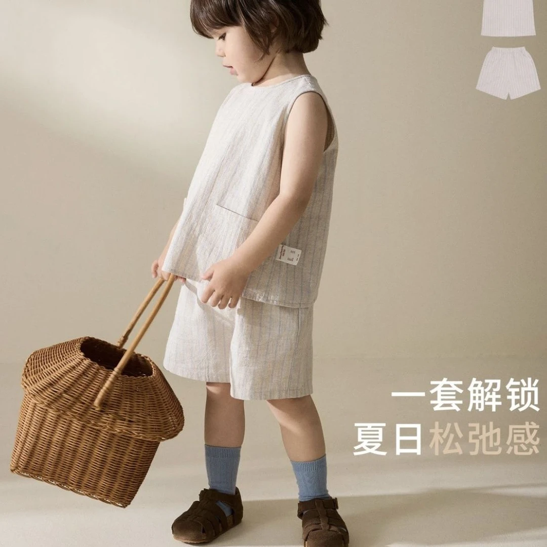 男童套装儿童无袖套装男宝帅气套装条纹短袖短裤棉麻套装可开裆