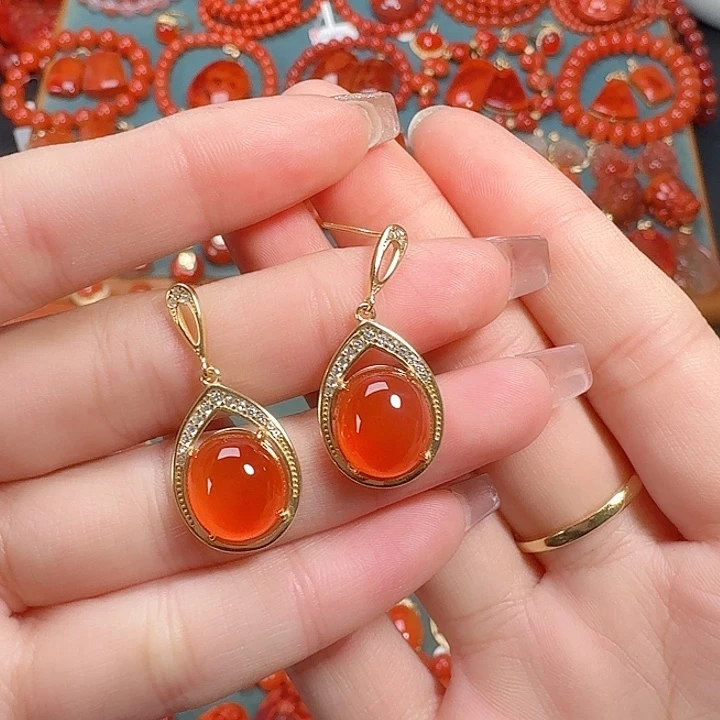 南红玛瑙银S925镶嵌耳饰