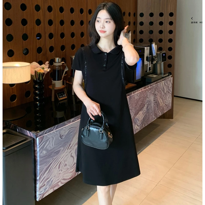 【墨墨家】2025夏季新款时尚娃娃领小黑裙收腰气质显瘦连衣裙女696