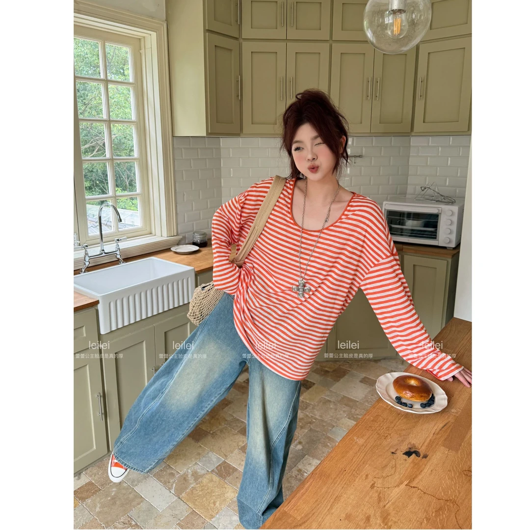 晶咕【日常舒适区】韩系慵懒感撞色条纹大U领长袖T恤上衣