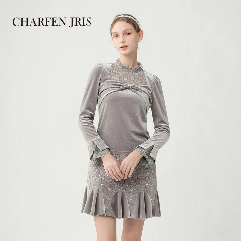 【达人专属】朝峰冬季高级雅致解构丝绒蕾丝衬衫FJE5D636-6057T