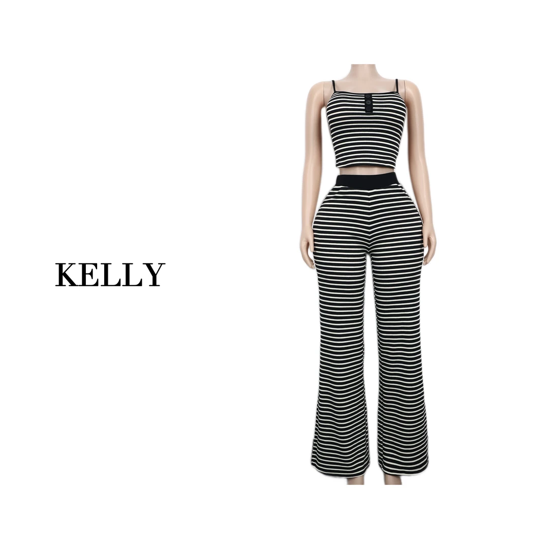 KELLY/复古来袭条纹暴击/固定胸垫小吊带/翻腰高弹休闲条纹阔腿裤