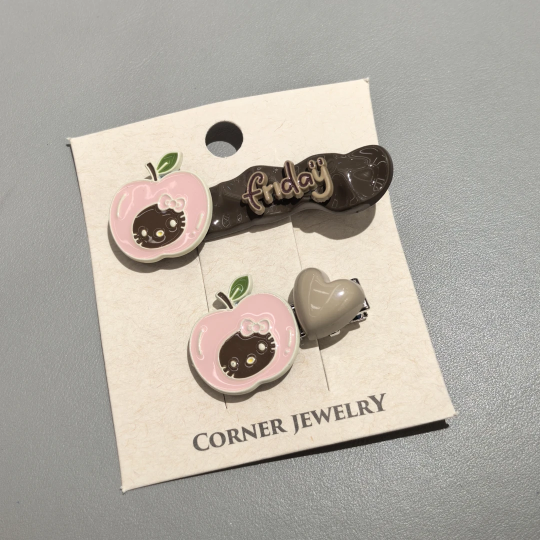 D338咖色猫咪粉色苹果爱心边夹一对