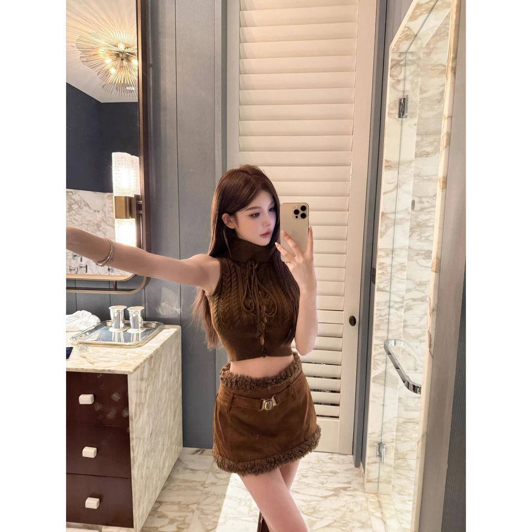 【秋日来信】2025秋季新款绞花高领镂空绑带短背心短裙配腰带套装女