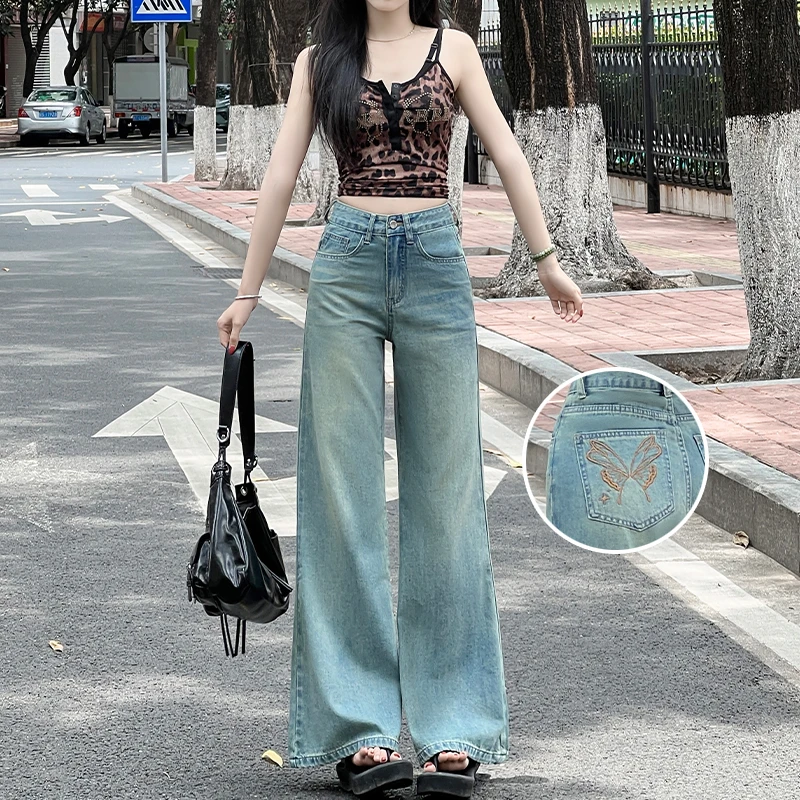 蝴蝶结玛吉拉绿窄版直筒牛仔裤2025秋季新款小个子宽松微喇阔腿裤