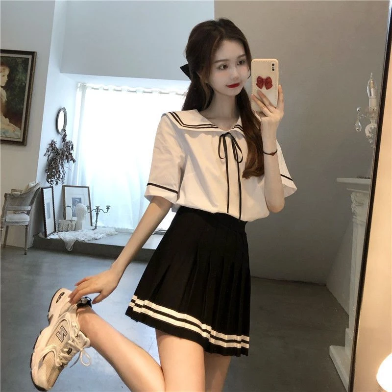 法式甜美海军领短袖衬衫百褶裙套装女洋气清新jk制服校园风睡衣女