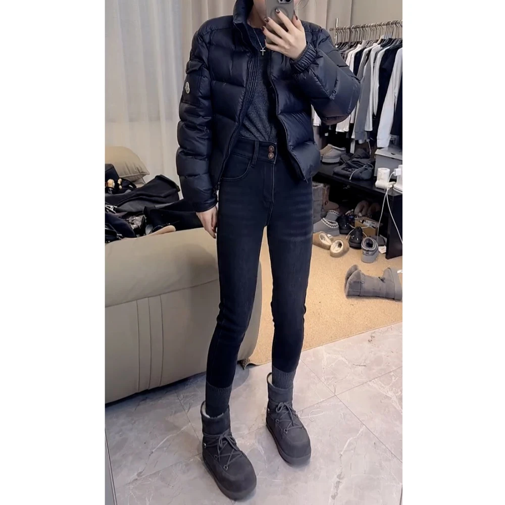 黑灰色小脚牛仔裤女秋冬加绒胖mm高腰弹力显瘦小个子九分铅笔裤