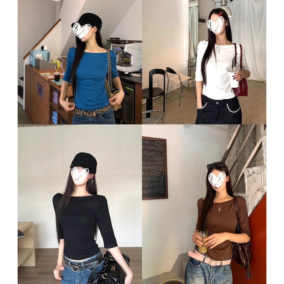 韩系穿搭简约七分袖T恤2025年秋季新款修身显瘦纯欲辣妹百搭上衣
