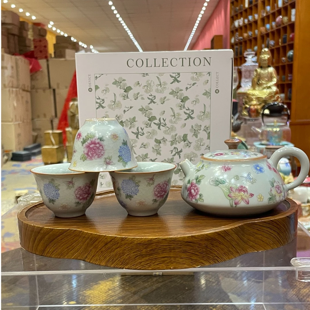 【闪购商品】天青蝶念花石瓢壶一壶三杯带如意茶盘，999238