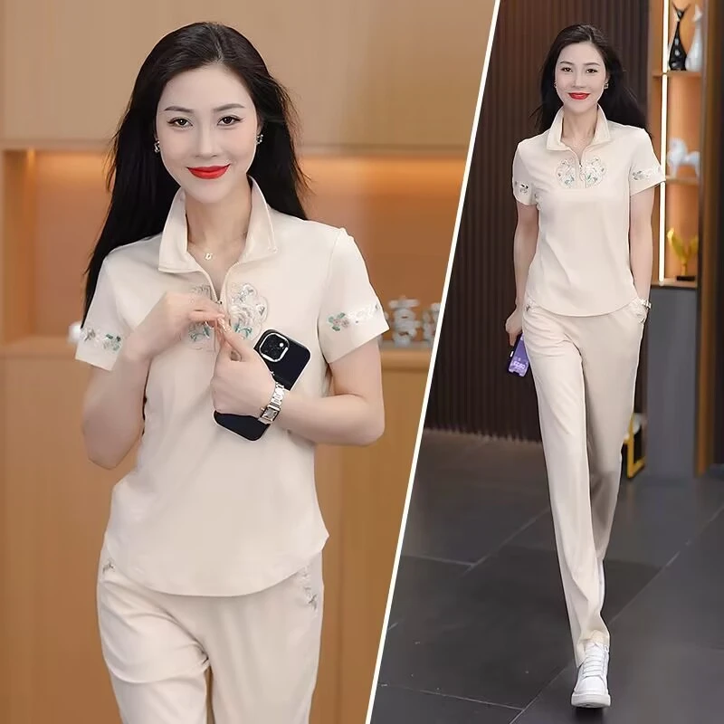 大码休闲套装女夏季200斤微胖mm妈妈款宽松显瘦减龄运动服两件套