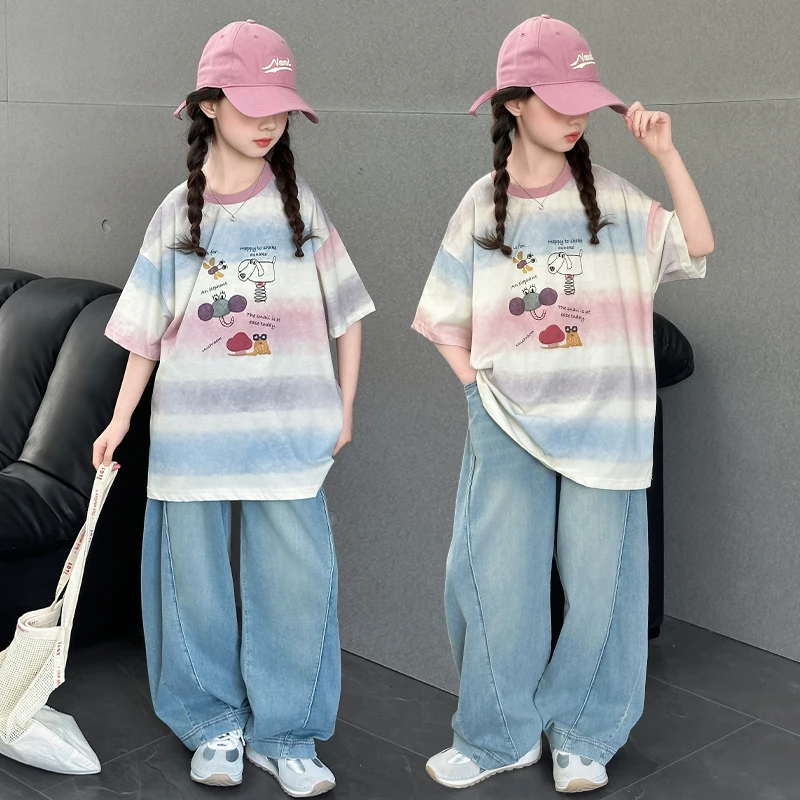 女童夏季韩版时尚短袖T恤套装2025新款中大儿童6-12岁15岁