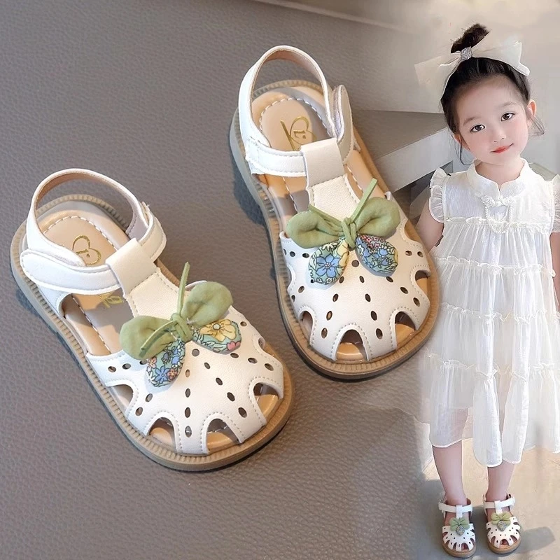 ABC女童镂空包头凉鞋2025新款夏季蝴蝶结公主鞋小女孩防滑沙滩鞋