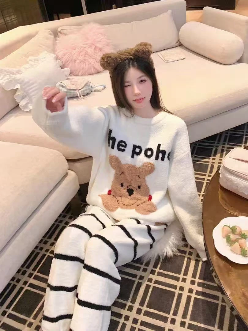 2025秋季新款迪尼斯维尼熊休闲加厚半边绒家居服套装女可外穿睡衣