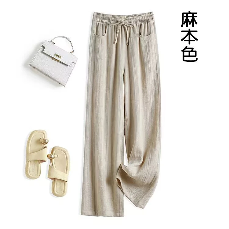 2025夏季亚麻裤女抗皱显瘦高腰透气窄版直筒休闲阔腿裤