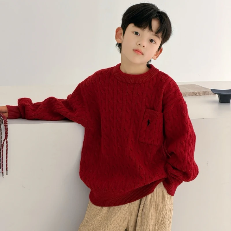 男童加厚红色毛衣2026新款中大儿童保暖针织衫儿童本命年年服保暖