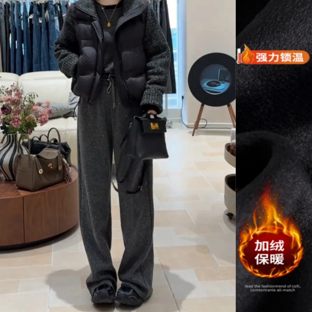 景倩妮韩系灰色气质满天星休闲裤2025冬季新款加绒显瘦窄版阔腿裤