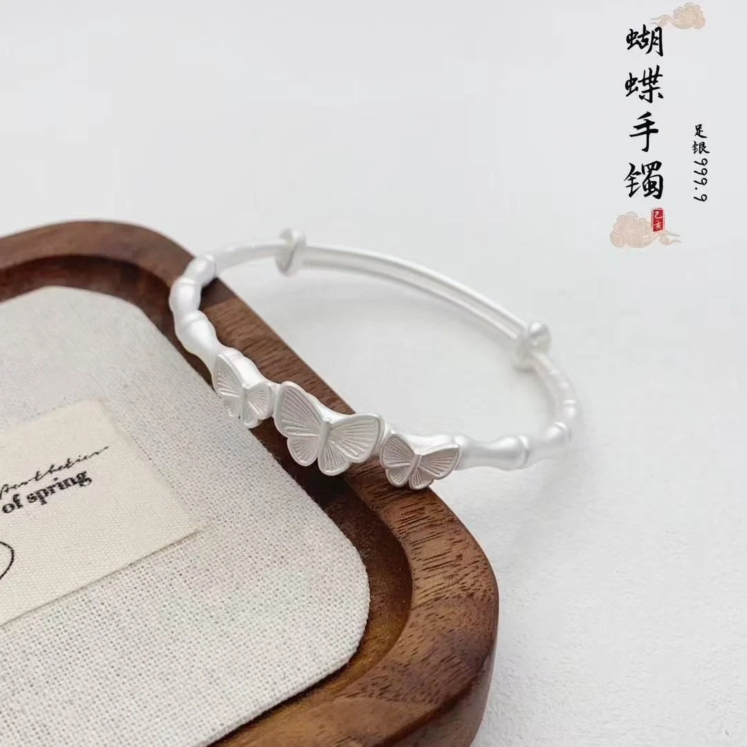 足银手镯 老凤祥款式竹节蝴蝶银手镯女纯银999.9足银古法实心镯子