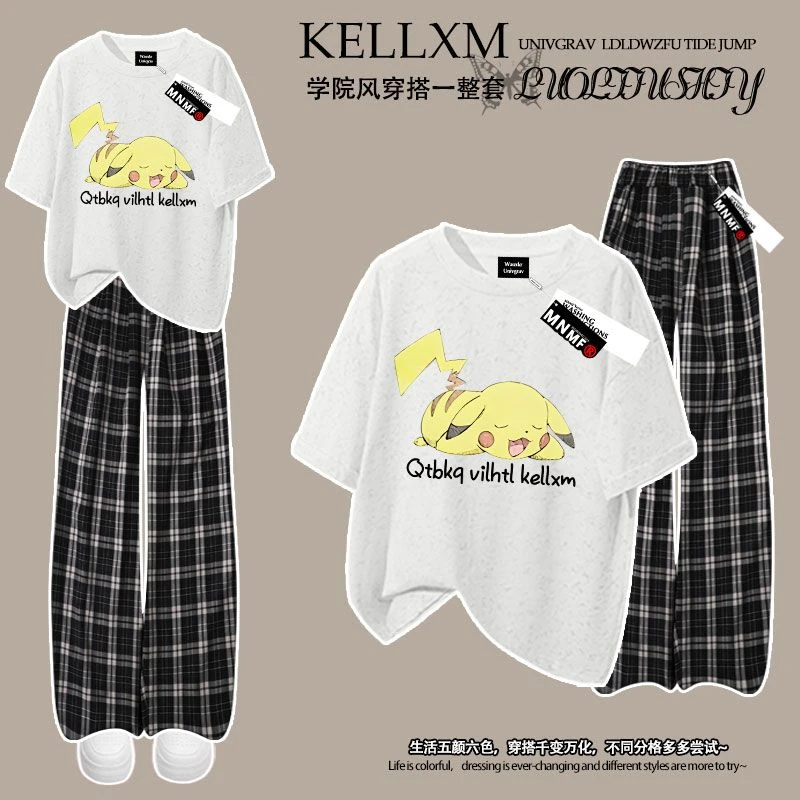夏季装新款男女童套装纯棉扎染短袖T恤格子裤洋气潮牌皮卡丘印花