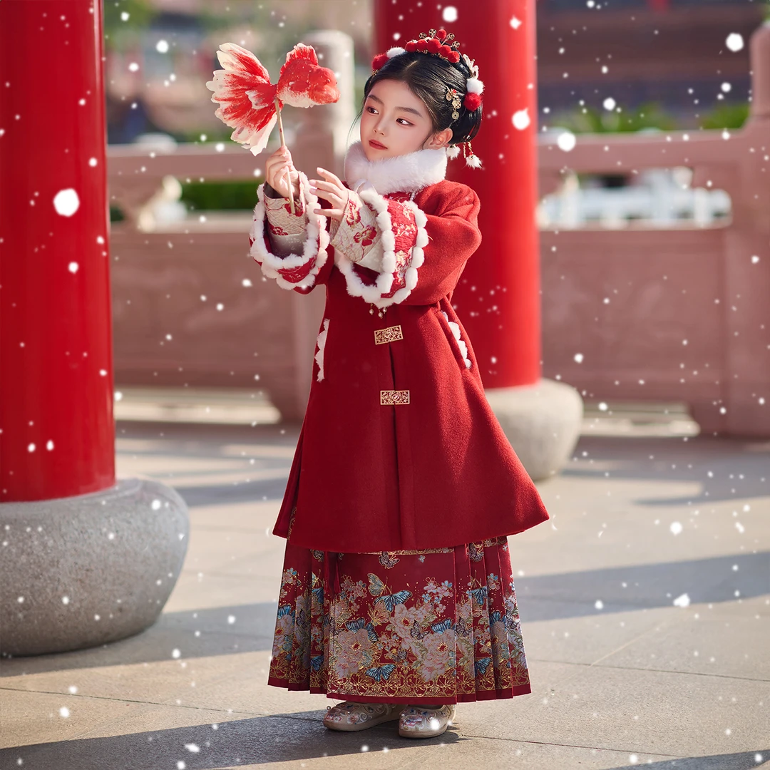 槿木缘【蝶恋花】女童毛呢外套儿童呢子大衣2025新款秋冬红色加厚