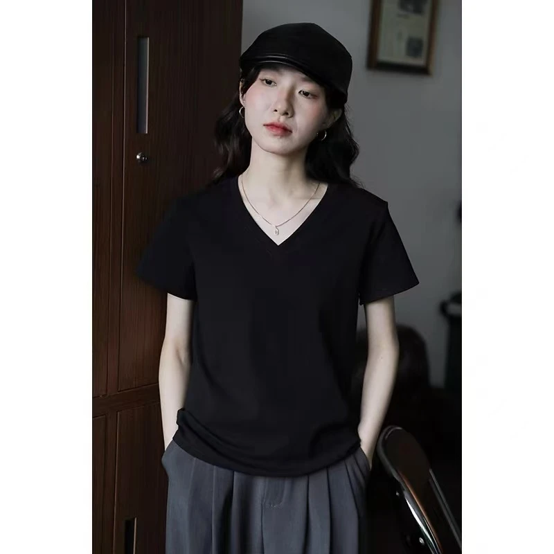 纯色基础款正肩V领简约新款通勤显瘦小众短袖T恤女百搭上衣服