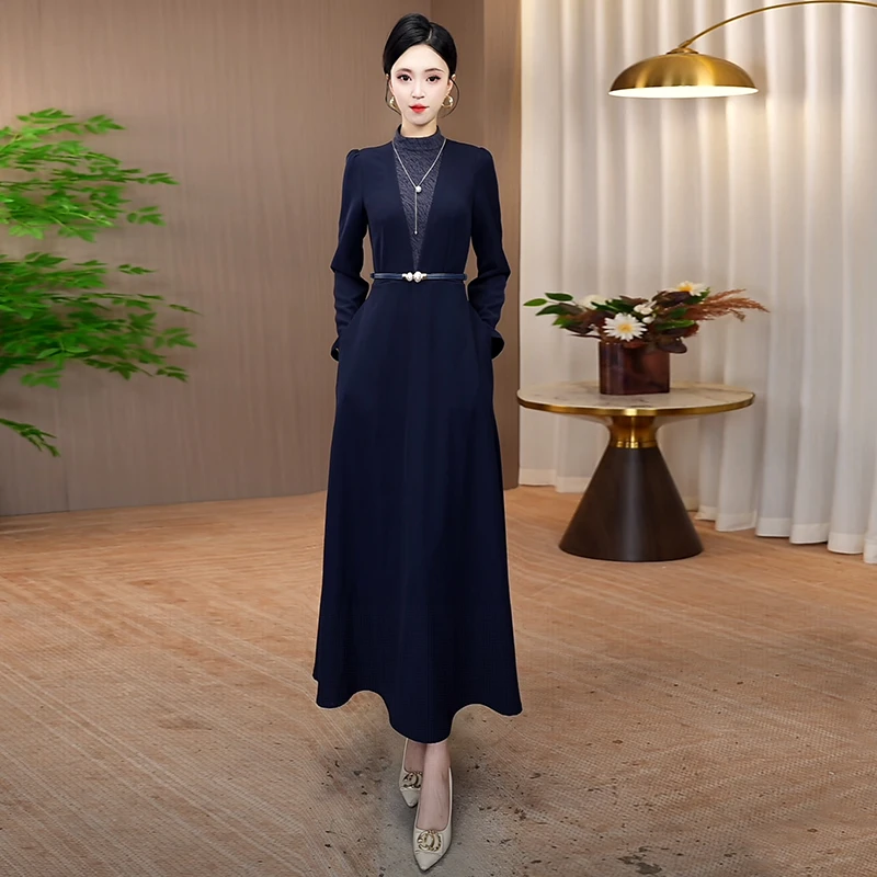 藏蓝色连衣裙女2025秋季新款修身显瘦大摆长裙长袖时尚气质长裙