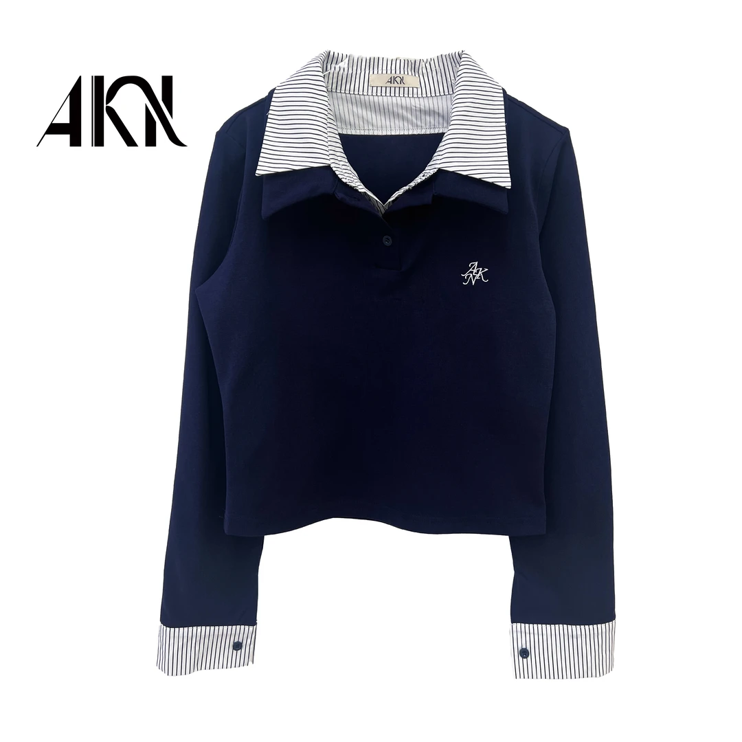 艾珂妮8030学院风纯色拼接短款长袖休闲小众气质假两件衬衫