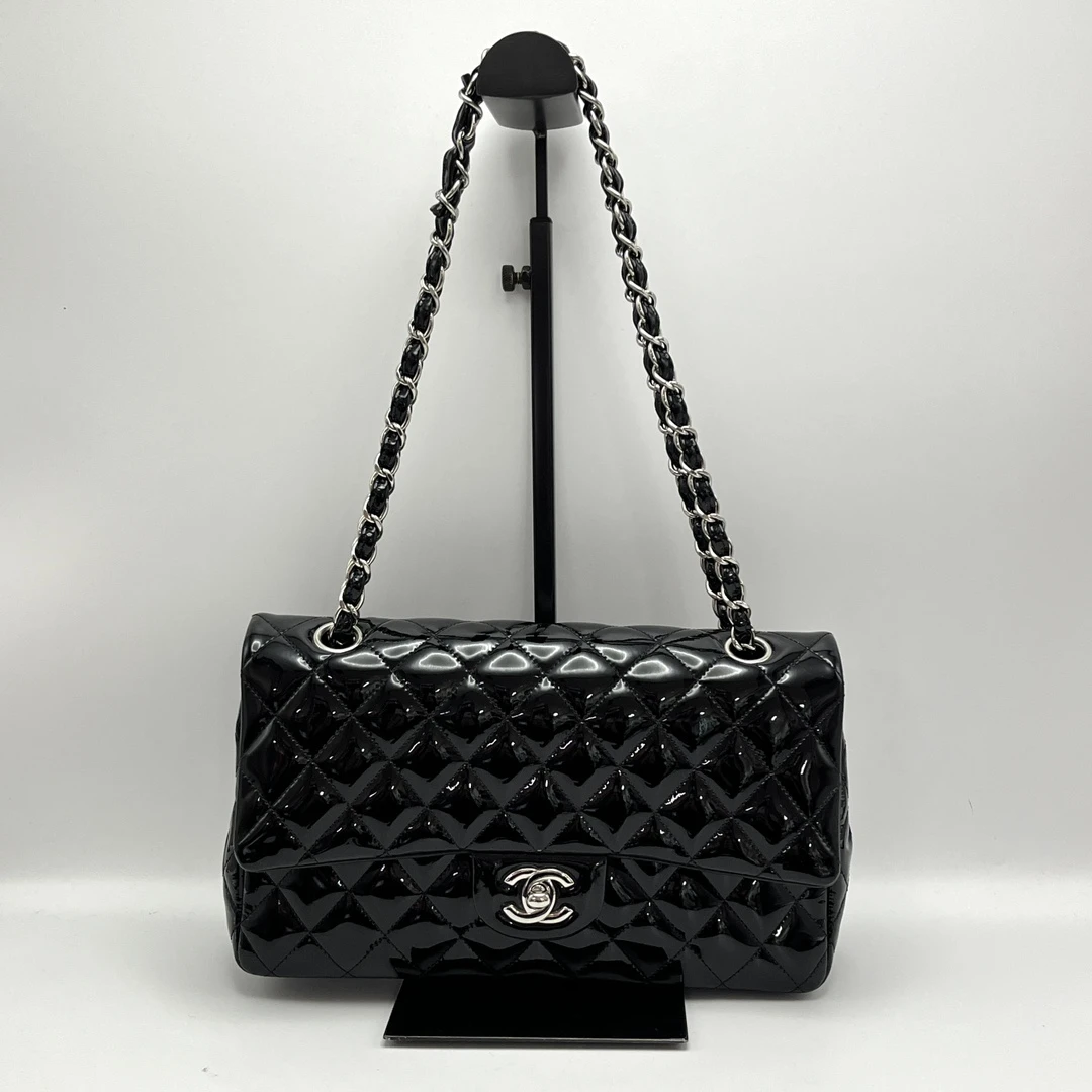 95新 Chanel/香奈儿 黑银漆皮CF单肩斜挎包17257