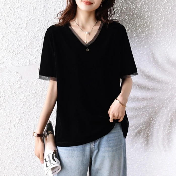2025大码女装夏季简约时尚新款百搭气质上衣洋气显瘦小衫黑色T恤