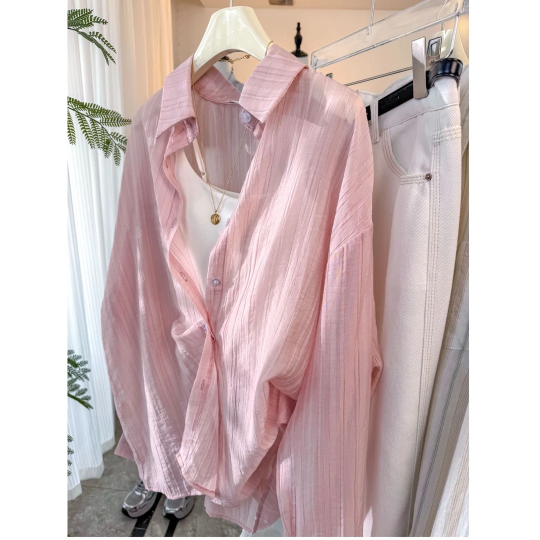 韩版别致暗条纹衬衫女小个子秋季宽松外套气质长袖百搭时尚休闲