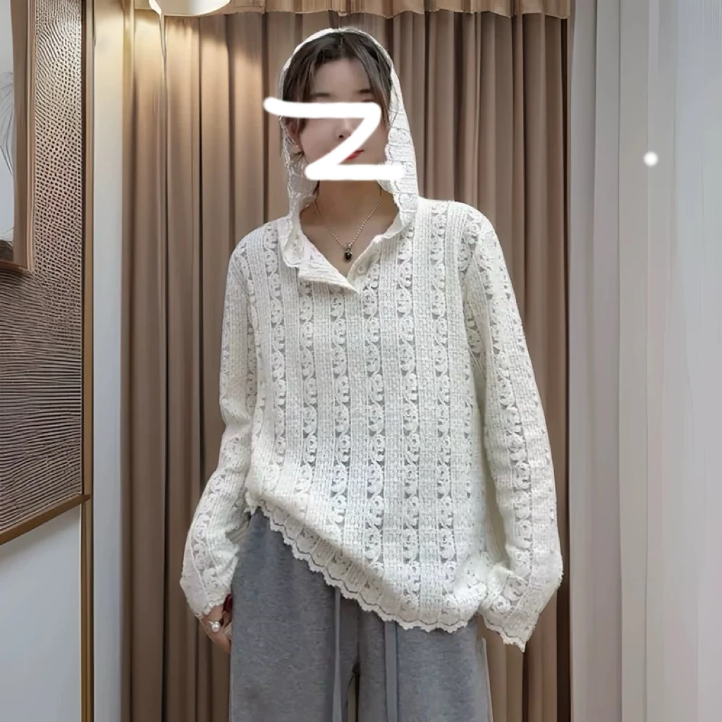 5163现货秋季女装洋气立体钩花蕾丝连帽衫套头宽松镂空气质打底衫