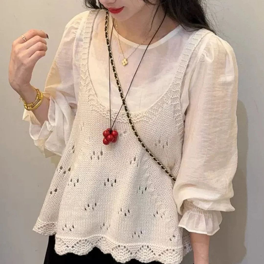 【海南肉丝】复古港风减龄穿漂亮马甲搭衬衫上衣