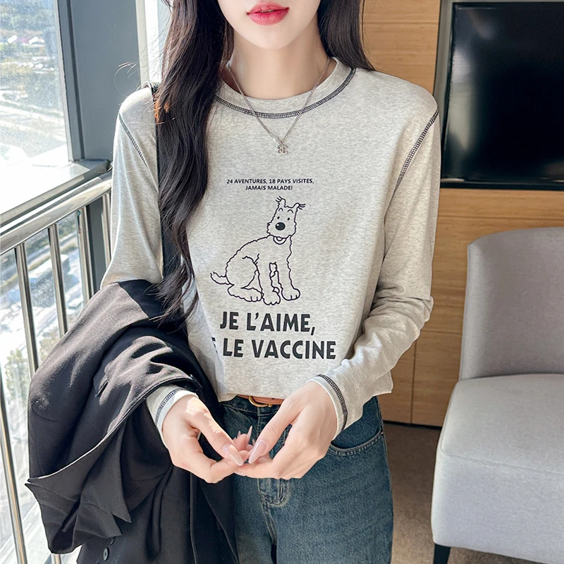 明线卡通印花长袖打底衫2025年秋季新款胖MM大码女装别致宽松T恤