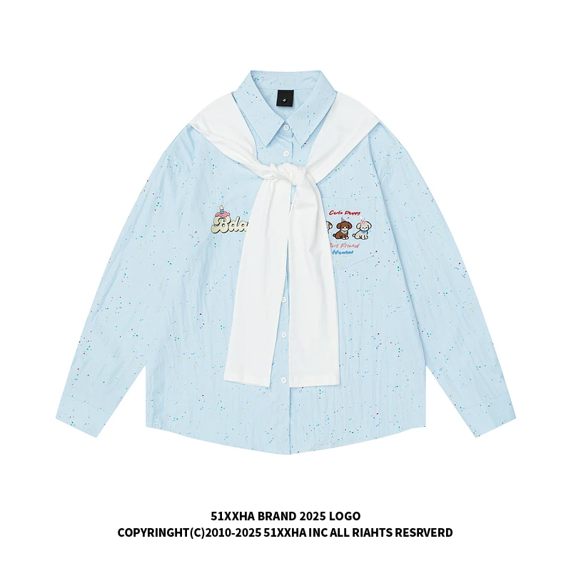 51嘻哈潮牌甜美风小狗刺绣披肩长袖T恤男女情侣韩系假两件POLO衫