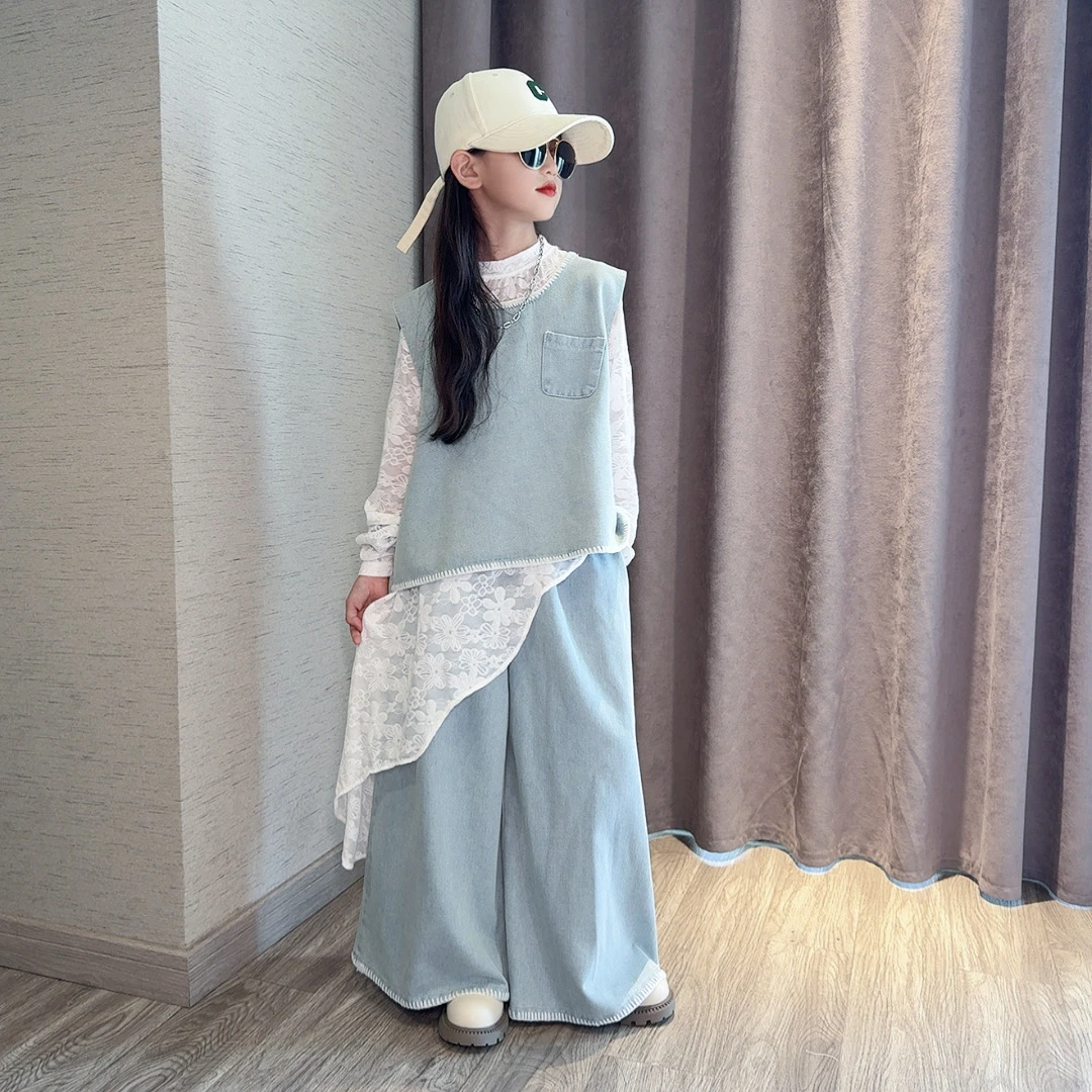 女童套装2025新款秋装不规则蕾丝牛仔马甲阔腿裤秋款洋气三件套