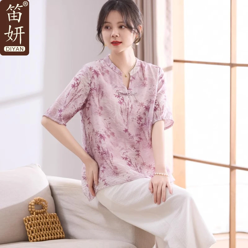 妈妈夏装短袖T恤上衣洋气国风中老年女装夏季五分袖雪纺时尚小衫
