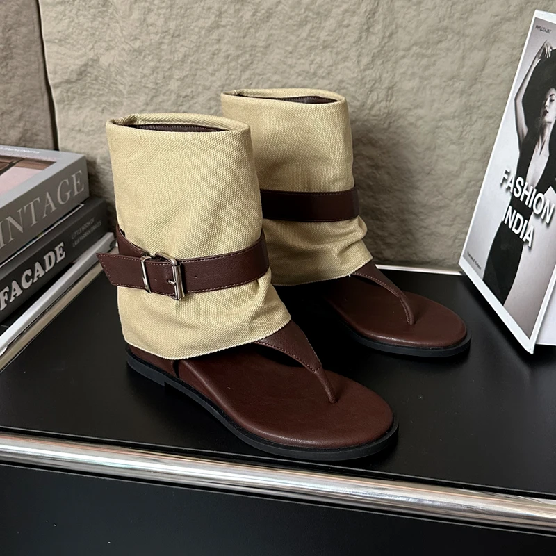 夏季内增高靴子女薄款坡跟短靴2025新款夹趾罗马镂空堆堆凉靴