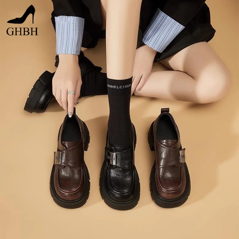 厚底乐福鞋女流行一脚蹬小皮鞋女春秋新款英伦风松糕jk单鞋女