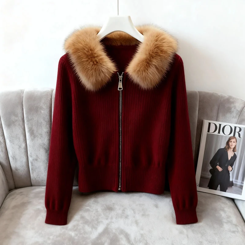 新年圣诞穿搭奶呼呼软糯慵懒风宽松毛领红色长袖针织衫毛衣女秋冬