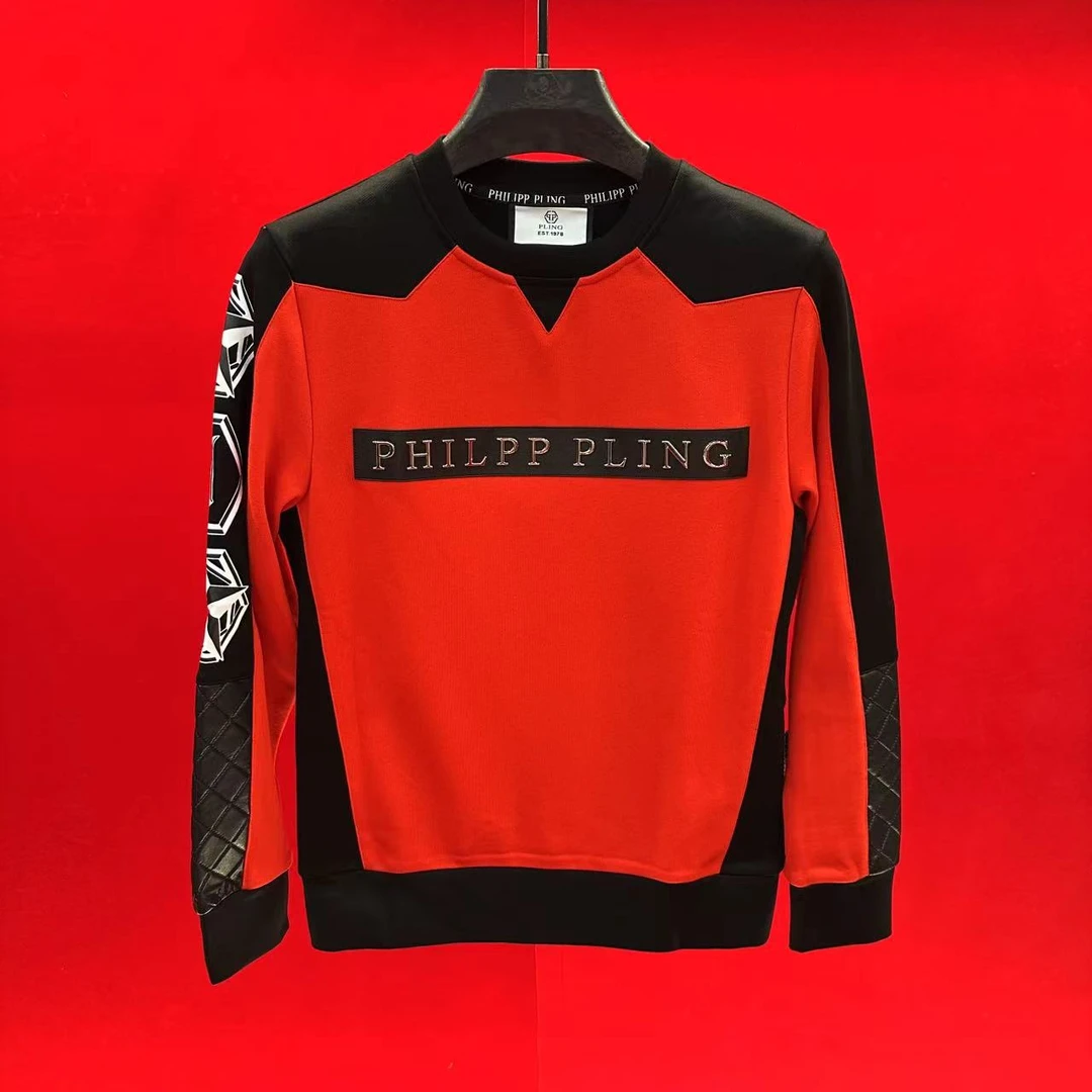 PP正品25秋新款男欧货高奢黑红色拼皮印花圆领百搭长袖卫衣03809