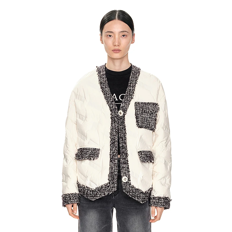 H·GENTEEL荷高23新冬女压纹拼接黑白夹花轻薄羽绒服GUD42560575