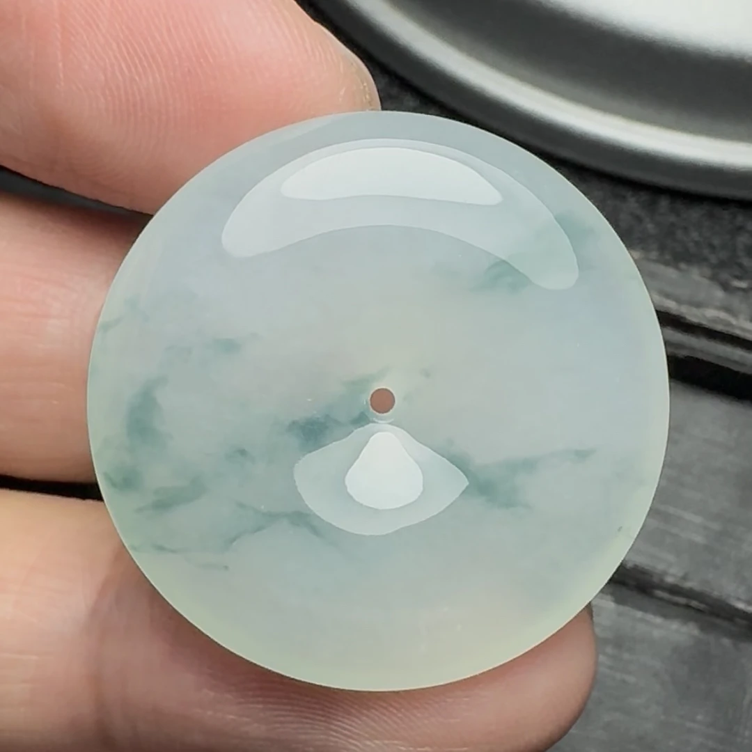 天然翡翠A货冰飘绿花胖胖款平安扣 尺寸30.8*6.5