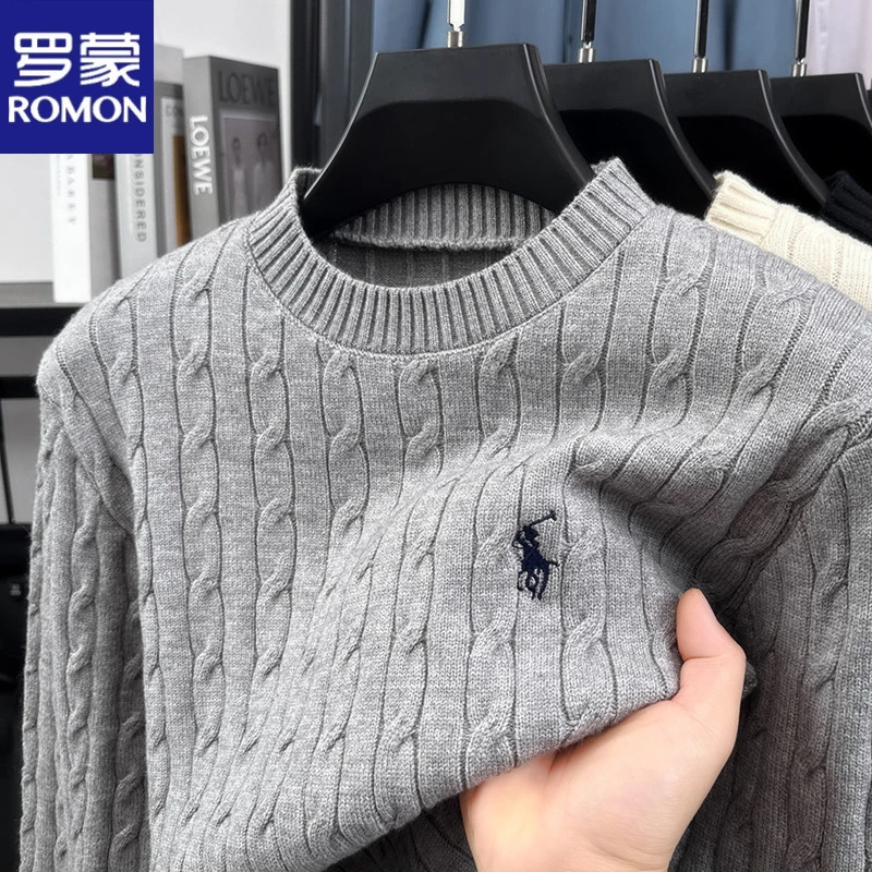 罗蒙秋冬新款提花刺绣针织衫男士宽松保暖毛衣时尚绣花套头打底衫