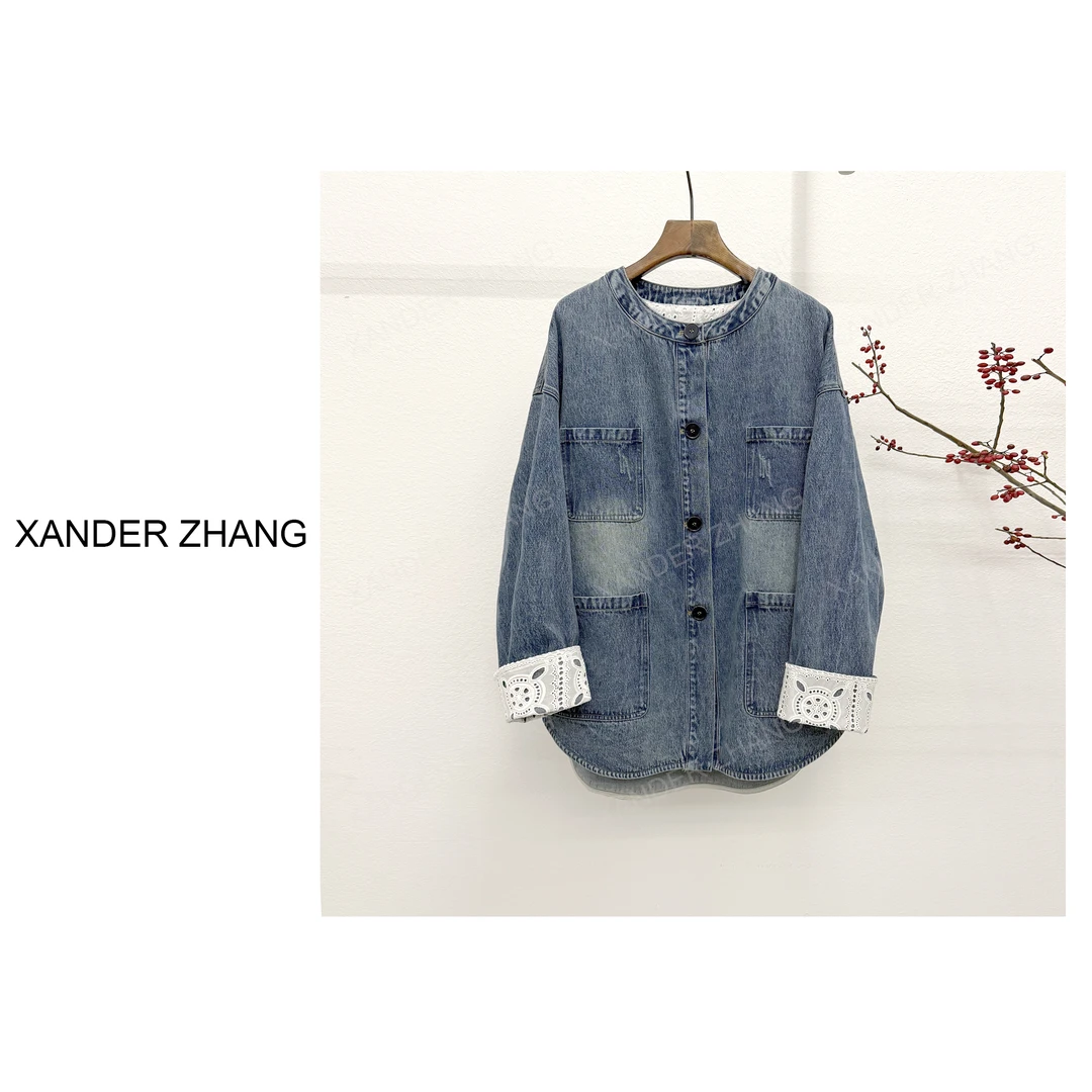 山大张春季新款文艺绣花拼接复古水洗中长款牛仔外套YBJ1J127百搭